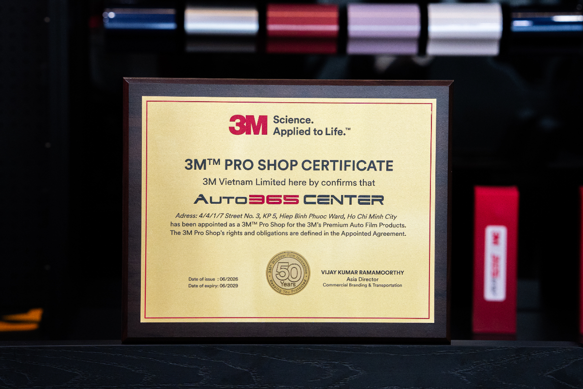 3M Pro Shop Certificate — chứng nhận Pro Shop chính hãng của 3M Việt Nam cấp cho Auto365